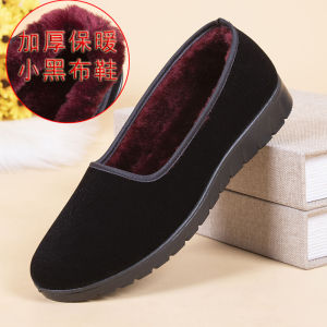รองเท้าผ้าปักฤดูหนาว Old Beijing สำหรับผู้หญิง รองเท้าทำงานแบบสวม สวมใส่สบาย รองเท้ากันลื่น หุ้มข้อ รองเท้าผ้าปักสีดำ รองเท้าผ้าปักแบบสวมสบาย