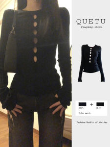 American Hot Girl Style Long Sleeve Knitted Sweater Womens Hollow out Slimming Base Layer Inner Wear Top for Autumn