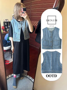 Short Denim Vest Jacket Women Summer Thin Retro Design Sleeveless Shoulder Pad round Neck Chic Top Cotton Polyester Regenerated Fiber