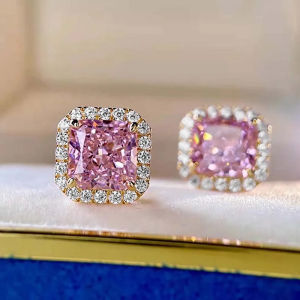Huitan Princess Pink Cubic Zirconia Stud Earrings Gold Color Ear Piercing Accessories for Women Sweet Earrings Wedding Jewelry