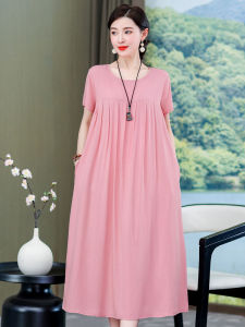 Summer Loose Cotton Silk Dress for Middle-Aged Women Short Sleeve Home Clothes Sleepwear Mom Can Wear out Casual Commute Style