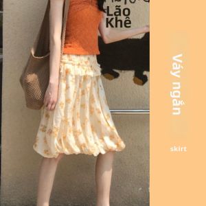 YUEZHONGWEI | Bộ Đồ Trẻ Trung Áo Quây Cam Chấm Bi Chân Váy Hoa