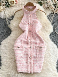 Váy Ngắn Hở Lưng Gợi Cảm Mùa Hè Cho Nữ Váy Ngắn Bó Sát Váy Ngắn Xếp Ly Màu Hồng Kiểu Dáng Cổ Treo Váy Ngắn Bó Sát