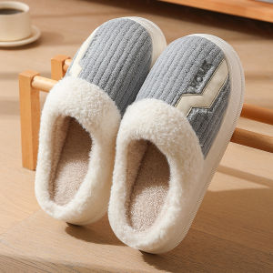 รองเท้าแตะผ้าฝ้ายหนาสำหรับผู้ชาย ฤดูใบไม้ร่วง/ฤดูหนาว รองเท้าแตะแบบสวมสำหรับในบ้าน รองเท้าแตะขนหนา รองเท้าแตะ PVC สำหรับในบ้าน