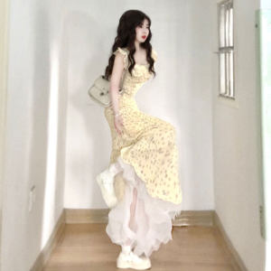 CHANGTONG | French Style Floral Strappy Slim Fit Long Dress