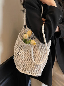 Summer Artistic Knitted Hollow out Womens Bag Large Capacity Beach Vacation Tote Soft Polyester Lining Double Strap Bucket Shape