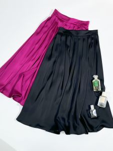 Pure Color Acetate Pleated Skirt Womens French Style Elegant A- line Skirt Stylish Niche Style High Waist Mid-Length Expansion Skirt