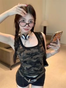 GUZILIAN | American Retro Print Camouflage Strap Vest Women Summer Sweet Spicy Short Base Layer Shirt Inner Wear Slim Fit Top Outerwear