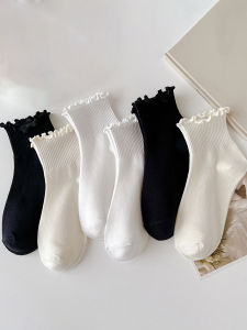 5 Pairs Socks for Women Ruffle Tube Ankle Short Breathable Cuffed Black White Set Spring Autum Soft  Solid Color