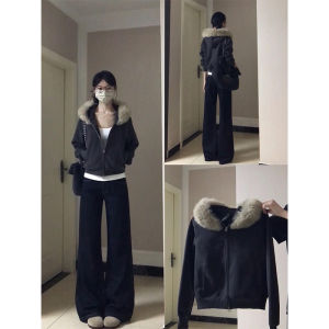 SUHUIQIAN | Fluffy Fleece Hooded Coat with Fur Collar Black