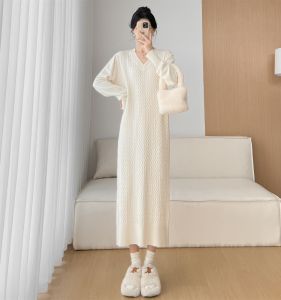 Autumn and Winter Long V Neck Loose Slimming Inner Woolen Skirt Tall Match with Coat over the Knee Knitting Dress