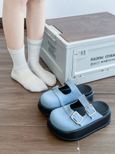 รองเท้าแตะ Mary Janes ทรงครึ่งหัวผ้าเดนิมสำหรับผู้หญิงในช่วงฤดูร้อนปี 2025 รองเท้าแตะทรงบู๊ตส้นหนาแบบสวมสบายสำหรับกลางแจ้ง
