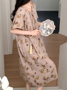 New 2024 Cotton Silk Sleepwear Women Summer Thin Short Sleeve Loose Fit Long Dress Style Home Clothes Retro Print round Neck