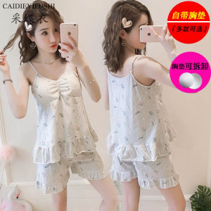 Pure Cotton Womens Sleepwear Summer Thin Home Clothes with Chest Pad Korean Style Cute Spring Autumn Two-Piece Set Home Clothes