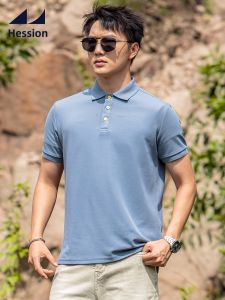 HESSION | Men Breathable Short Sleeve Polo Shirt Outdoor Silk Cotton Gray Blue