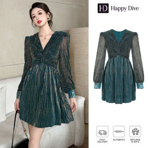 Happy Diva เดรสผู้หญิง เดรสสีชมพู สีเขียว เดรสแขนยาว เดรสทรงเอ เดรสเงา เดรสคอวี เดรสไฮโซ เดรสวินเทจ เดรสออกงาน เดรสปาร์ตี้ เดรสฝรั่งเศส 70250