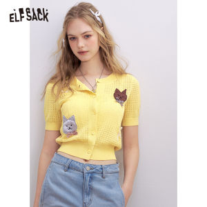ELFSACK 2025 Summer New Arrivals Yellow Hollow Short Sleeved Knitted Chic Sweater For Women