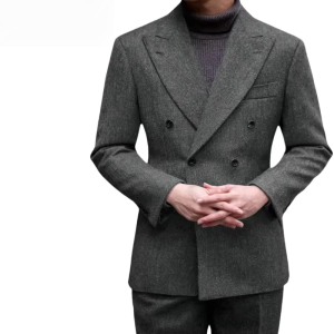 Bộ Vest Nam Cao Cấp Màu Nâu Xám Kẻ Xương Cá 2 Mảnh Kiểu Dáng Lịch Lãm Gồm Áo Khoác Vest Cài Đôi Và Quần Ôm Dáng May Đo Riêng Cho Đám Cưới