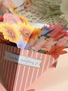 3D Beautiful Flower Bouquet Foil-Stamped Greeting CardHandmade Paper-Cut Blessing Thank You Card for MomMothers Day Gift