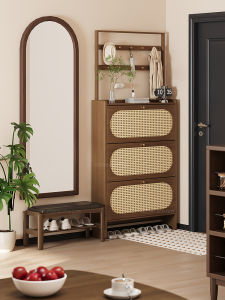 SAMEDREAM | Tủ Giày Gỗ Rắn Mỏng Phong Cách Retro có Kệ Treo Áo