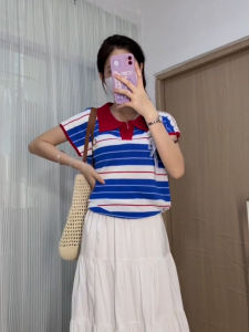 PEIXI | Áo Thun Tay Ngắn Cổ Polo Sọc Lụa Băng