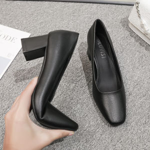 Square Toe Chunky Heel Soft Bottom Professional Stewardess Work Shoes Womens Black High Heels Plaid Mid-Heel Shoes 5cm Work Shoes
