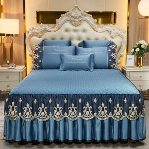 European-Style Silk Bedspread Bed Skirt One-Piece Thickened Washed Bed Sheets Protective Cover Pure Color Quilted 1.8 X2.0x2.2 M Bed
