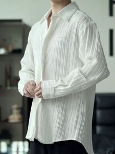 Loose Long Sleeve Shirt for Men Big Size 300 Pounds Stand Collar Texture Pleated Thin Spring Autumn Casual Shirt Tee