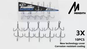 MEREDITH 3X High Strength Fishing Hook 10pcs Super Sharp Solid Size 6#/8# Treble Hooks Seawater Corrosion Resistance