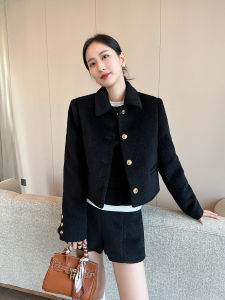 เสื้อสูทผ้าขนสัตว์สีดำสไตล์ Hepburn ทรงสั้น ทรงเข้ารูป ดีไซน์เก๋ไก๋ สำหรับใส่ไปทำงานในฤดูใบไม้ร่วง 2025 ใหม่