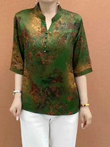 ฤดูร้อน สไตล์ใหม่ พลัสไซส์ จีน Retro ทันสมัย หลวม Fit พรางหุ่น High End ลำลอง เสื้อท่อนบน สําหรับผู้หญิงวัยกลางคนและผู้สูงอายุ