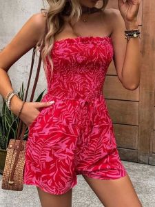 Street Style High Waist Printed One-Piece Womens Romper Elastic Shoulder Strap Casual Short Pants Polyester Fiber Thin Model
