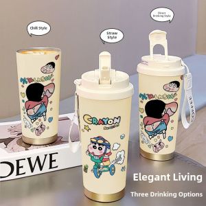 Large Capacity Insulated Coffee Cup with Straw Double Cover Portable Water Bottle for Students Men Women High Aesthetic Value