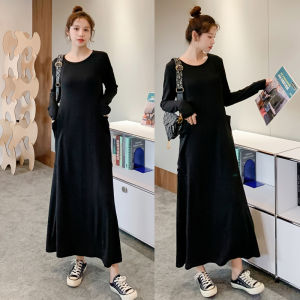 Váy Dài Tay Dài Cỡ Lớn Cổ Tròn Dáng Chữ a Váy Midi Phong Cách Hàn Quốc Mùa Thu Cho Nữ