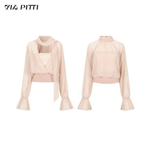 via pitti | Dual Sides Lazy Style Reverse-Wear Flowy Neck Ruffled Waist See-Through Chiffon Shirt