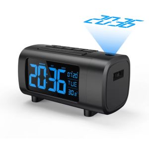 180° HD Projection Alarm Clock Digital 2 Display Modes LED Clock with Date/Temperature Display USB Charger Bedroom Bedside Clock