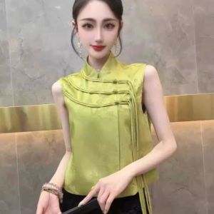 Áo Vest Không Tay Màu Đỏ Cổ Đứng Phong Cách Trung Hoa Mới Cho Nữ Mùa Hè 2025 Áo Sơ Mi Đa Năng Thiết Kế Mới Áo Vest