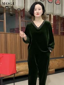Velvet Two-Piece Set for Women 50-59 Years Old Spring Autumn Loose Fashionable Large Size Mom Suiting Pants Casual Wear
