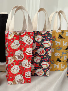 Japanese Style Canvas Reticule Small Bag Lucky Cat Classy Cloth Bag Checkerboard Square Texture Water Cup Bag Handbag