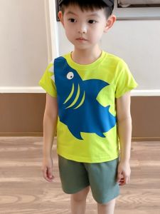 Cotton Shark Cartoon Print Short Sleeve T-Shirt for Boys Kids Wear Brand Korean Style Summer Casual Breathable Clothing