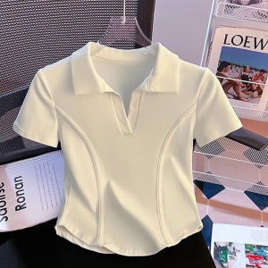 LINGLONGDAI | White Cotton Short Sleeve POLO Shirt Womens T-shirt Summer Slim Fit Casual Style Print Design Regular Shoulder Length Top