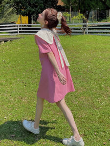 Pink Doll Collar Loose Womens Dress Butterfly Knot Mid-Summer New Style Korean Version A-Line Skirt Short Sleeve Casual Dress