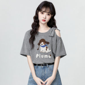 ZISUO | Round Neck Off-shoulder Cartoon Print T-Shirt Half Sleeve