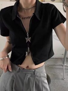High-Waist Butterfly-Design Dual-Zipper Short T-Shirt for Women Cool and Sweet Style Loose Fit Summer Work Clothing with Short Sleeves
