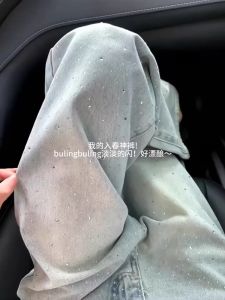 Shiny Diamond Straight Leg High Waist Wide Leg Jeans Womens New Design Spring 2025 Slimming Effect Casual Commute Style