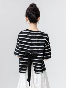 ZISUO | Short Sleeve Tshirt Half Sleeves Split Design Bow Collar Top
