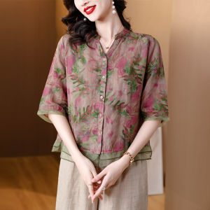 High-End Cotton Linen Half Sleeve Two-Piece Set for Mom Summer Fashionable Ensemble V-Neck Short Sleeve Nine-Piece Pants