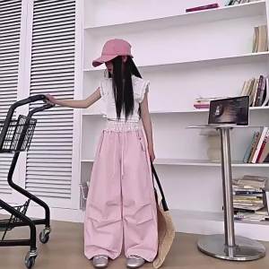 Cargo Pants for Kids Girls 7-16years old Summer Pants Jogger Pants Baggy Pants Loose Pants for Teens Girls Wide Leg Trousers Elasticated High Waist Pants New Lace Design Casual Pants Jazz Dance Hip Hop Pants