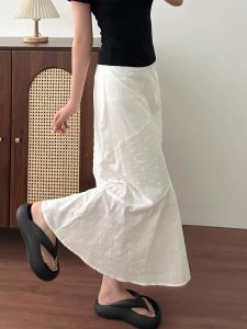 Summer Design Slimming A-Line Fish Tail Skirt White Splice Irregular Half Skirt Womens High Waist Commuter Korean Style