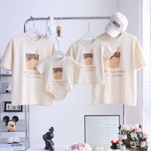 Fashionable Mother-Child T-Shirts Cotton Short Sleeve Cartoon Print Korean Style Summer New Arrival for Whole Family Members
